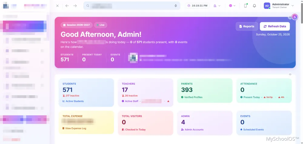 MySchoolOS dashboard showing students, teachers, parents, attendance, expenses and visitors at a glance